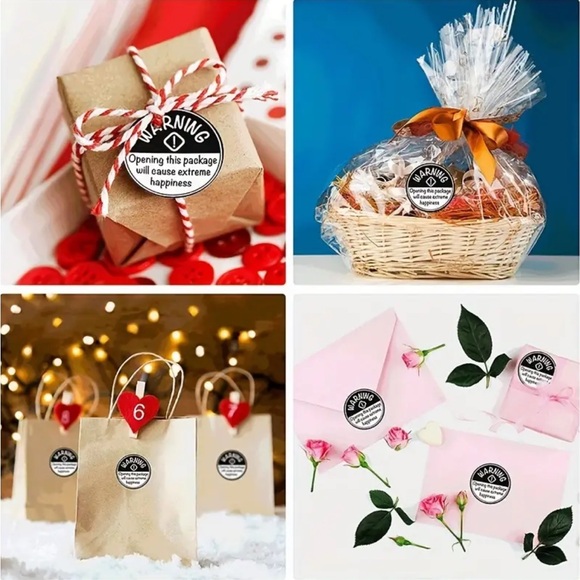 500pcs 1 Roll "Warning Happiness Inside” Sticker Black And White Label Round NIP - Picture 4 of 4